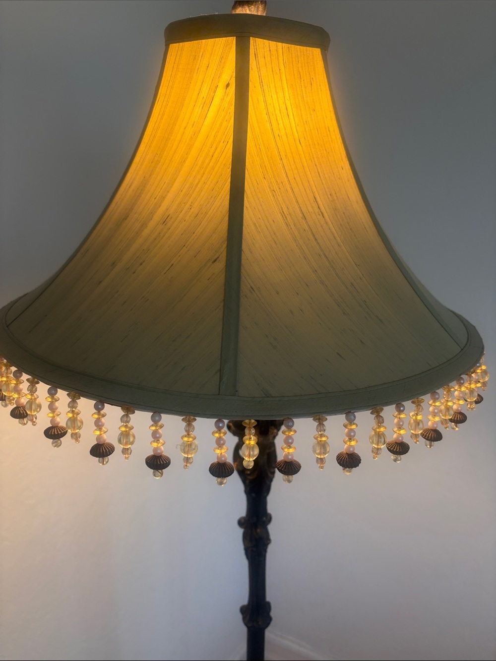 Vintage Beaded Trim Lamp Shade in Pale Green